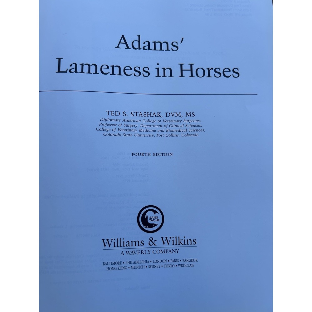 Adams' Lameness in Horses Ted S Stashak 4th Edition 1987 Hardcover Veterinary - Picture 3 of 8